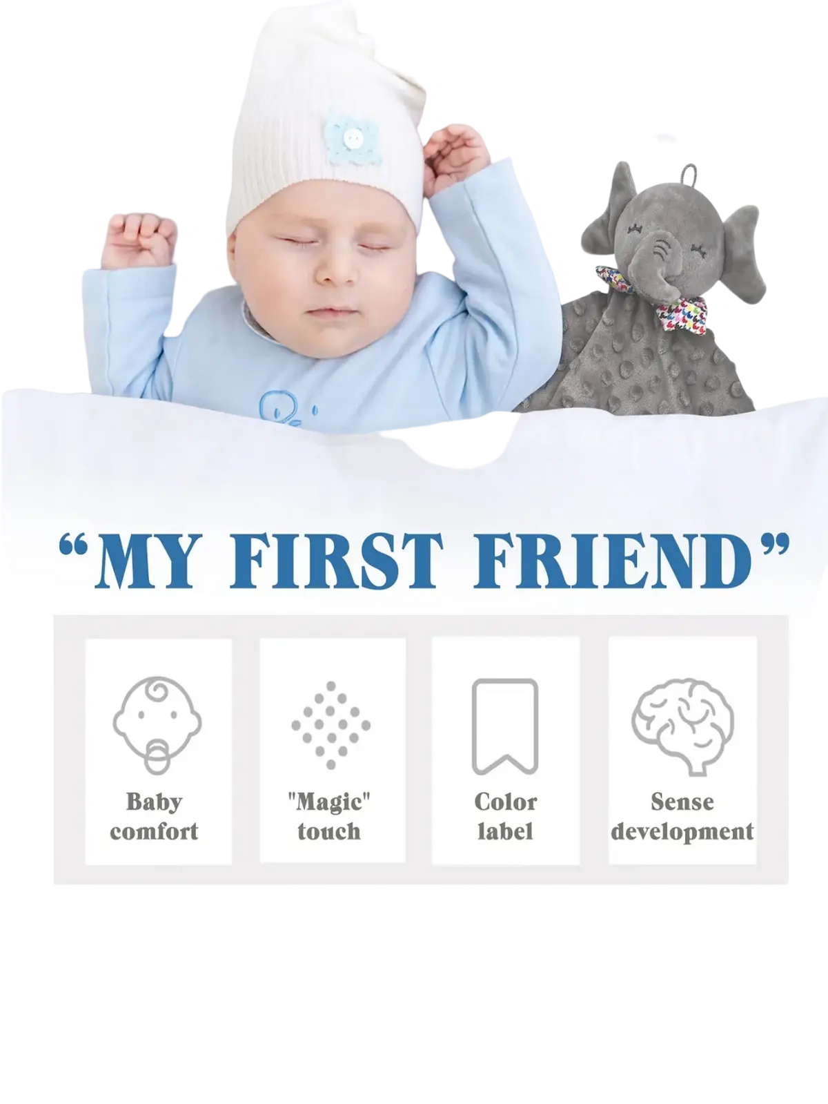 Gray elephant baby comforter blanket soft plush toy with textured surface and patterned bow tie accessory