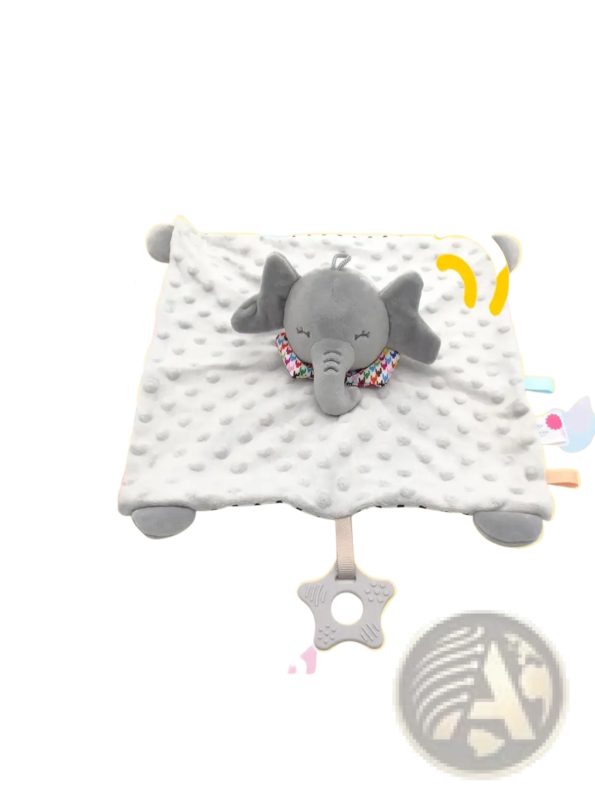 Gray plush elephant baby comforter blanket soft plush toy with textured surface and colorful tag attachments