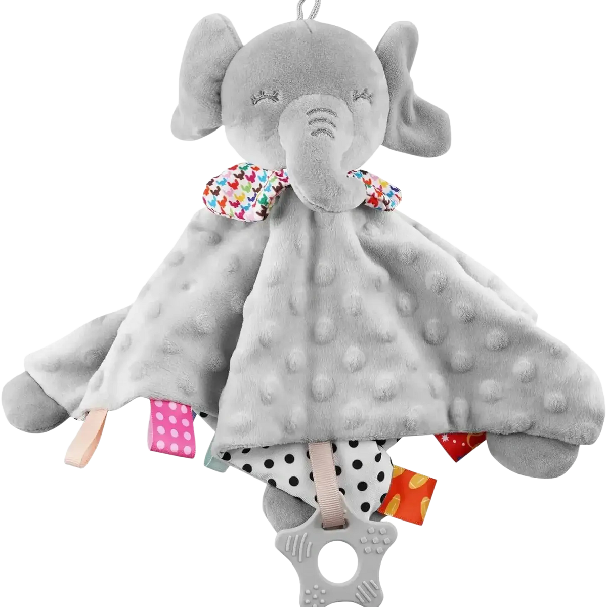 Gray plush elephant baby comforter blanket with soft textured fabric colorful patterned bow tie and tag attachments