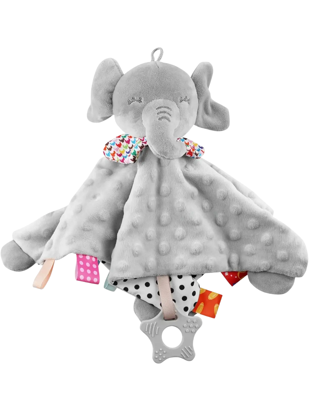 Gray plush elephant baby comforter blanket with textured fabric colorful patterned tags and star-shaped teething ring