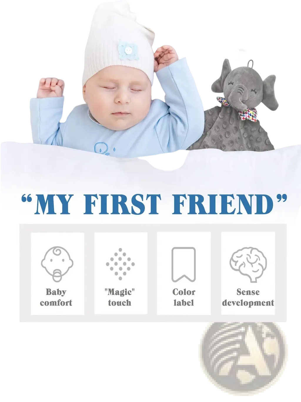 Gray elephant baby comforter blanket soft plush toy with textured surface and patterned bow tie accessory