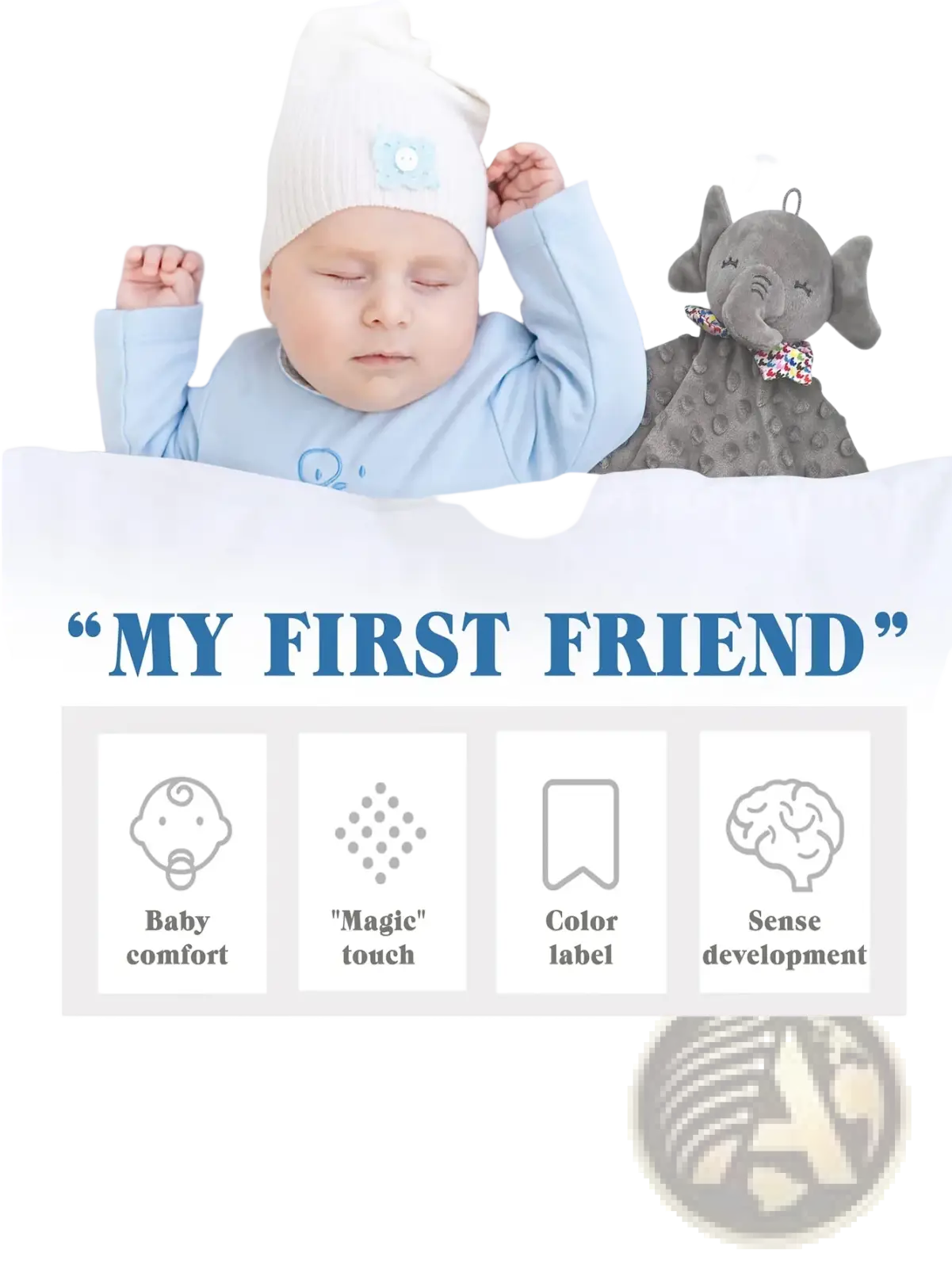 Gray elephant baby comforter blanket soft plush toy with textured surface and patterned bow tie accessory