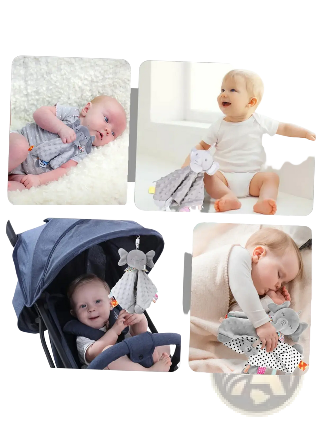 Gray elephant baby comforter blanket soft plush toy with soft fabric and dangling tassels for infant comfort