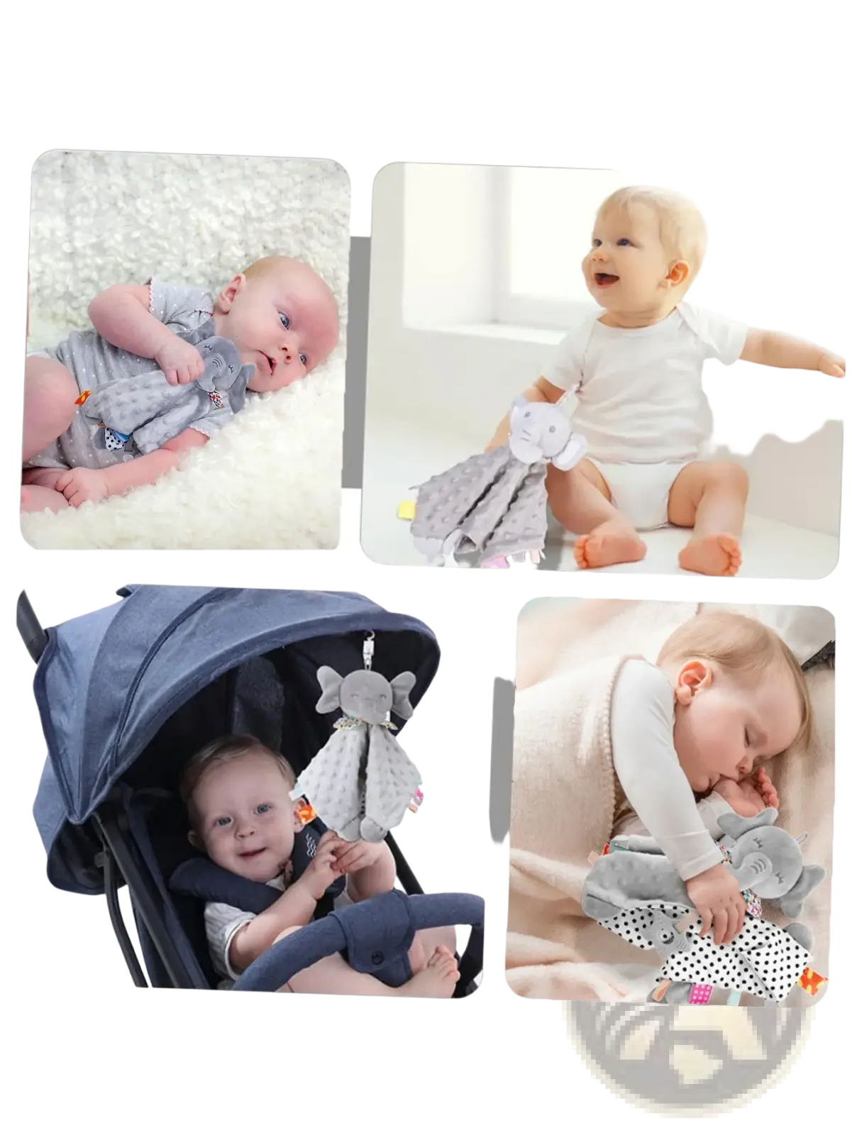 Gray elephant baby comforter blanket soft plush toy with soft fabric and dangling tassels for infant comfort