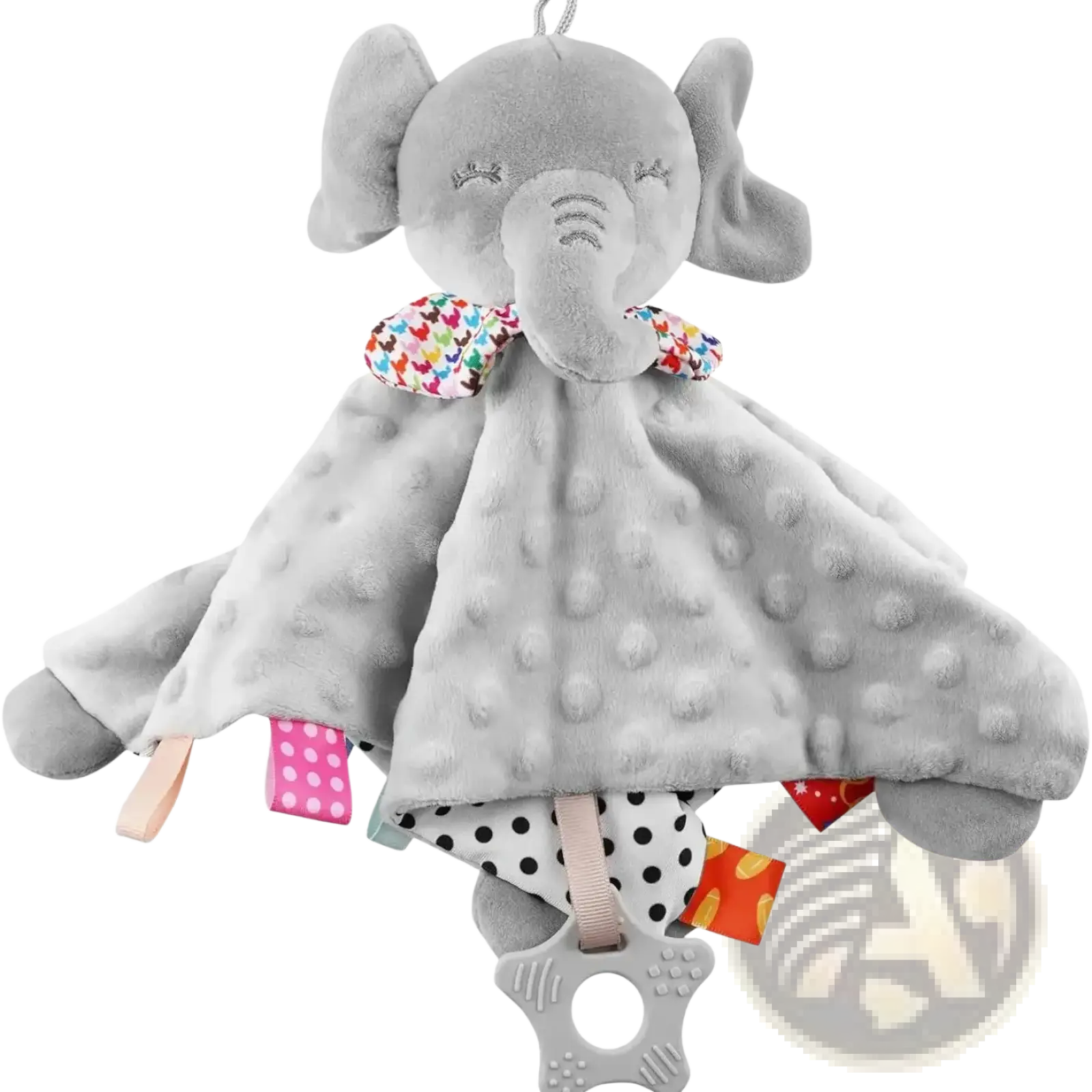 Gray plush elephant baby comforter blanket with soft textured fabric colorful patterned bow tie and tag attachments