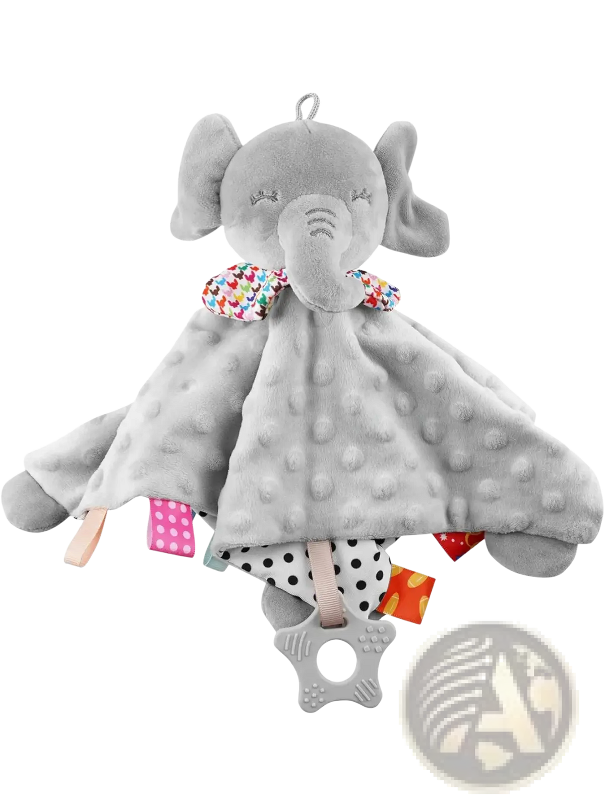 Gray plush elephant baby comforter blanket with textured fabric colorful patterned tags and star-shaped teething ring