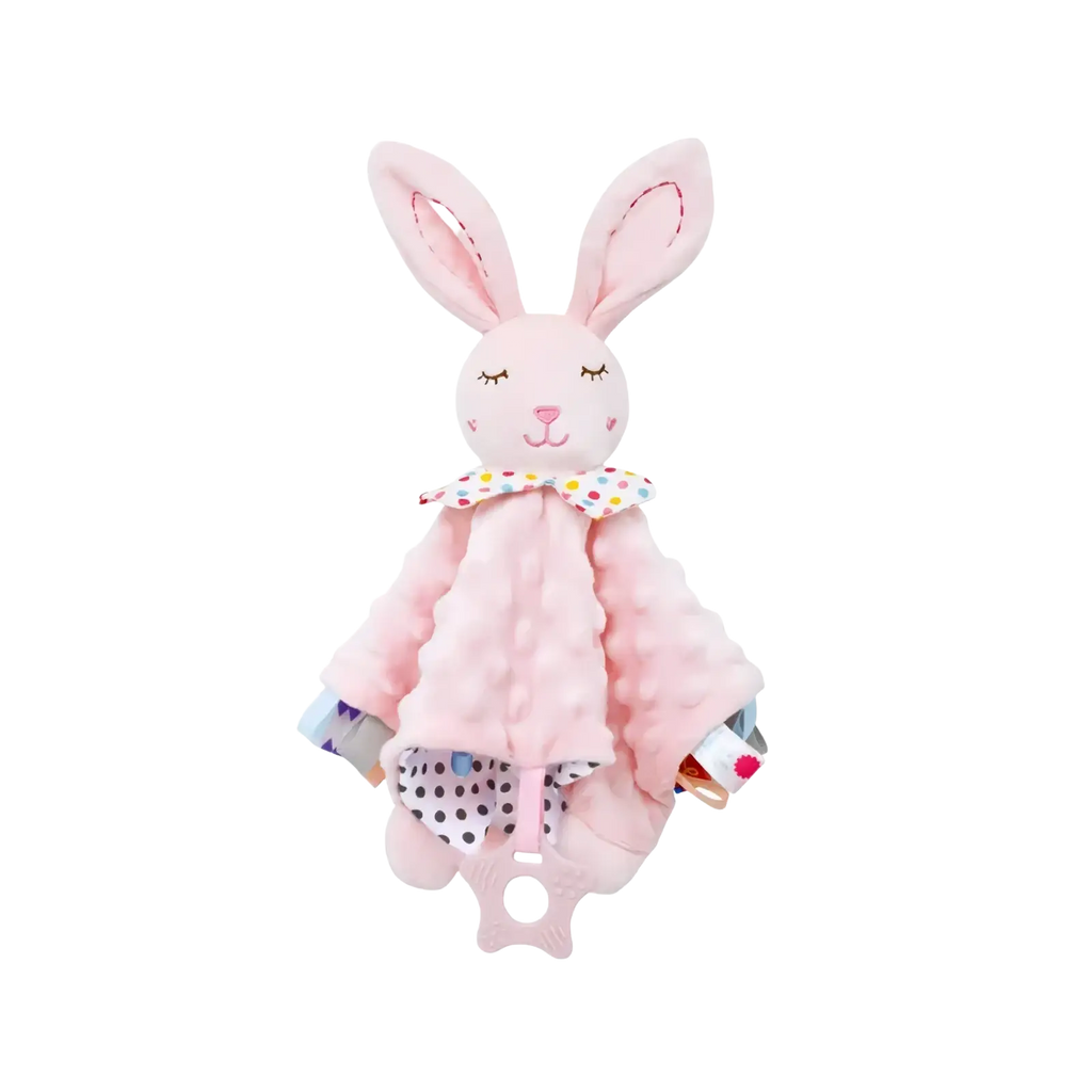 Elephant baby comforter blanket soft plush toy featuring a pink plush bunny with embroidered face and polka-dotted collar