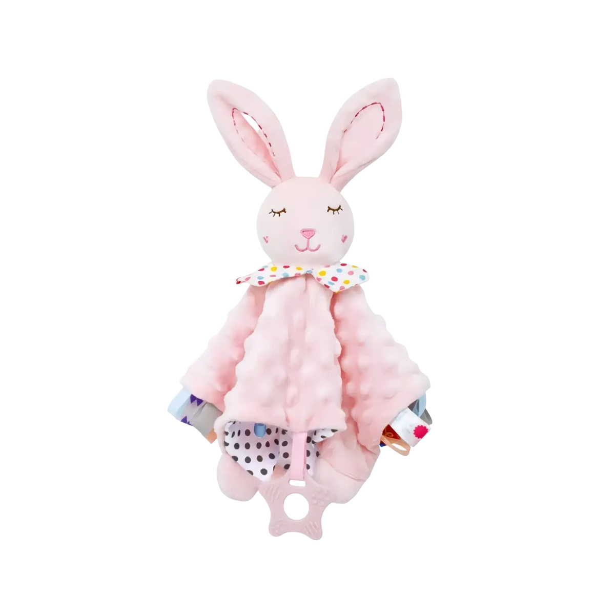 Elephant baby comforter blanket soft plush toy featuring a pink plush bunny with embroidered face and polka-dotted collar
