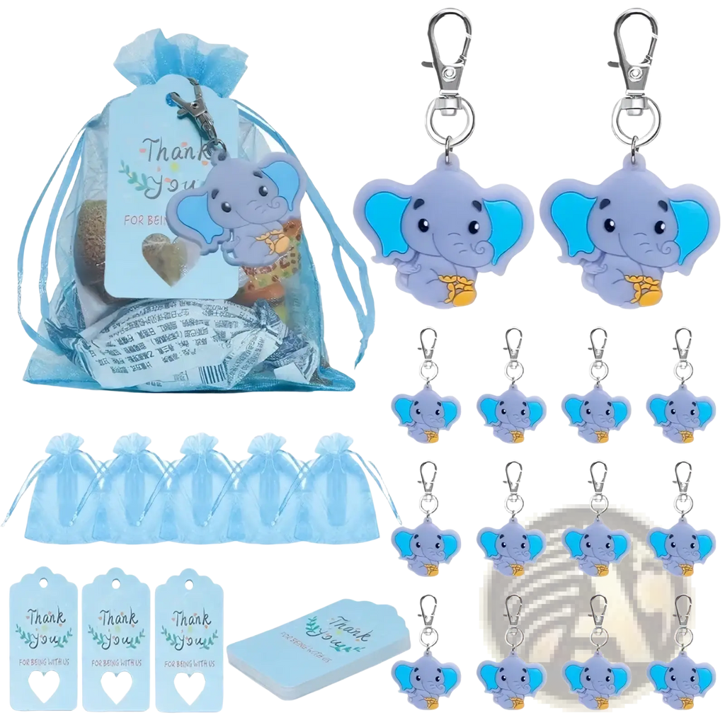 Light blue plastic elephant-shaped keychains with bright blue ears and yellow trunks for baby shower favors set of 30