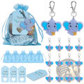 Light blue plastic elephant-shaped keychains with bright blue ears and yellow trunks for baby shower favors set of 30