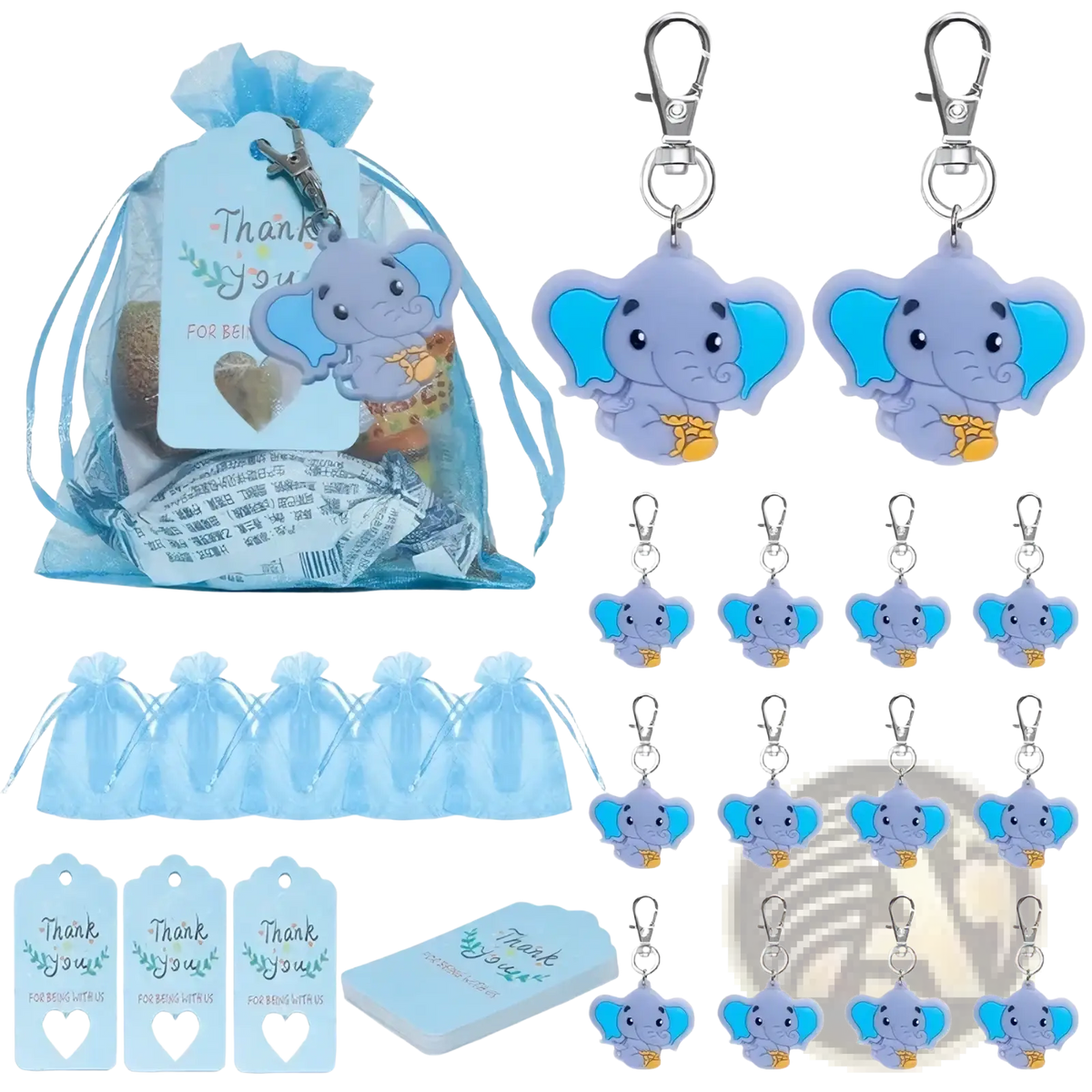 Light blue plastic elephant-shaped keychains with bright blue ears and yellow trunks for baby shower favors set of 30