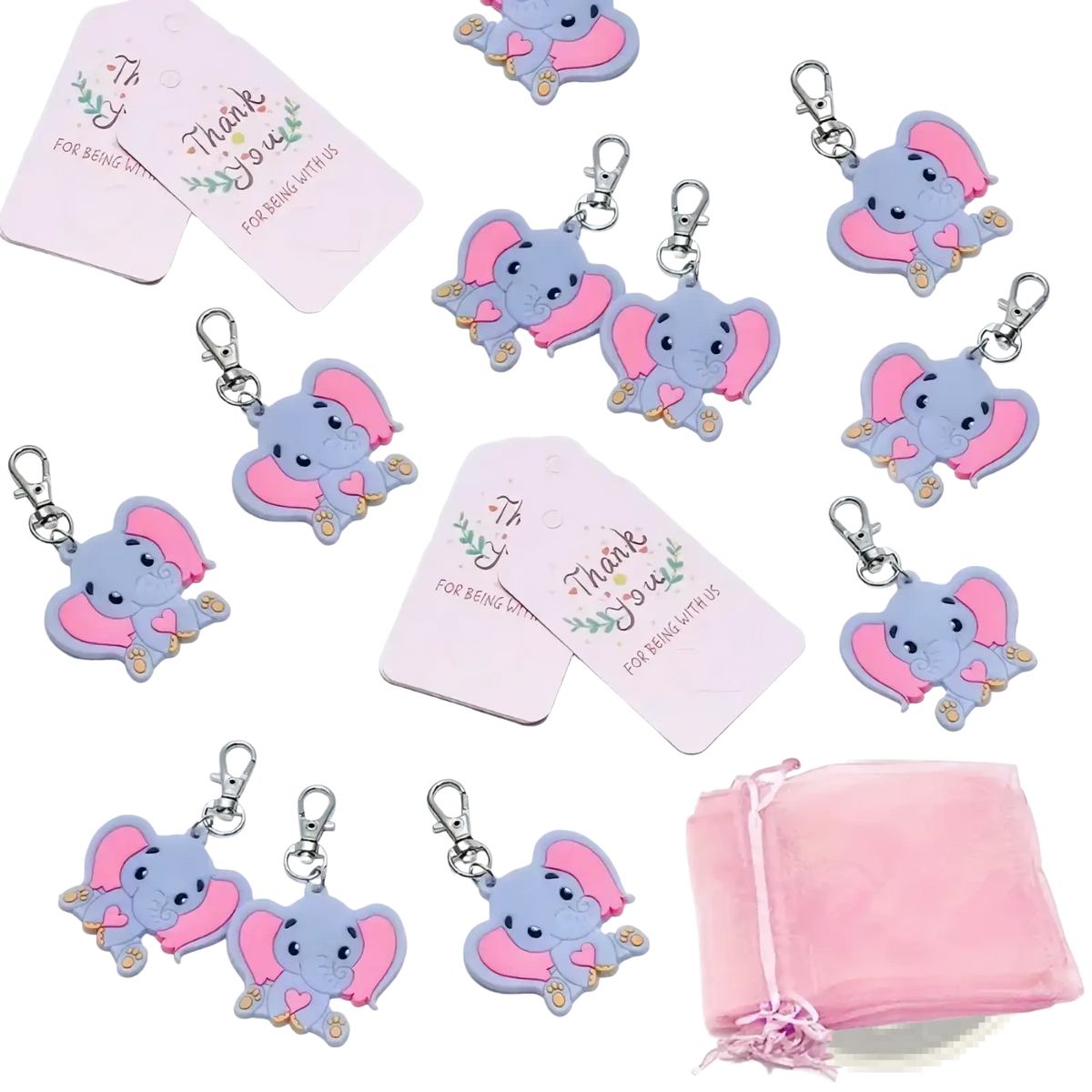 Cute gray and pink elephant keychains with heart details for elephant baby shower favors 30 set gift collection