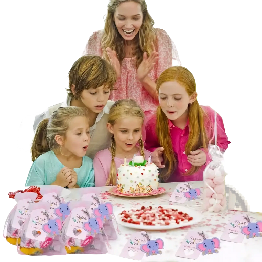 Elephant baby shower favors 30 set featuring pink elephant-themed clear cellophane bags with heart-shaped tags