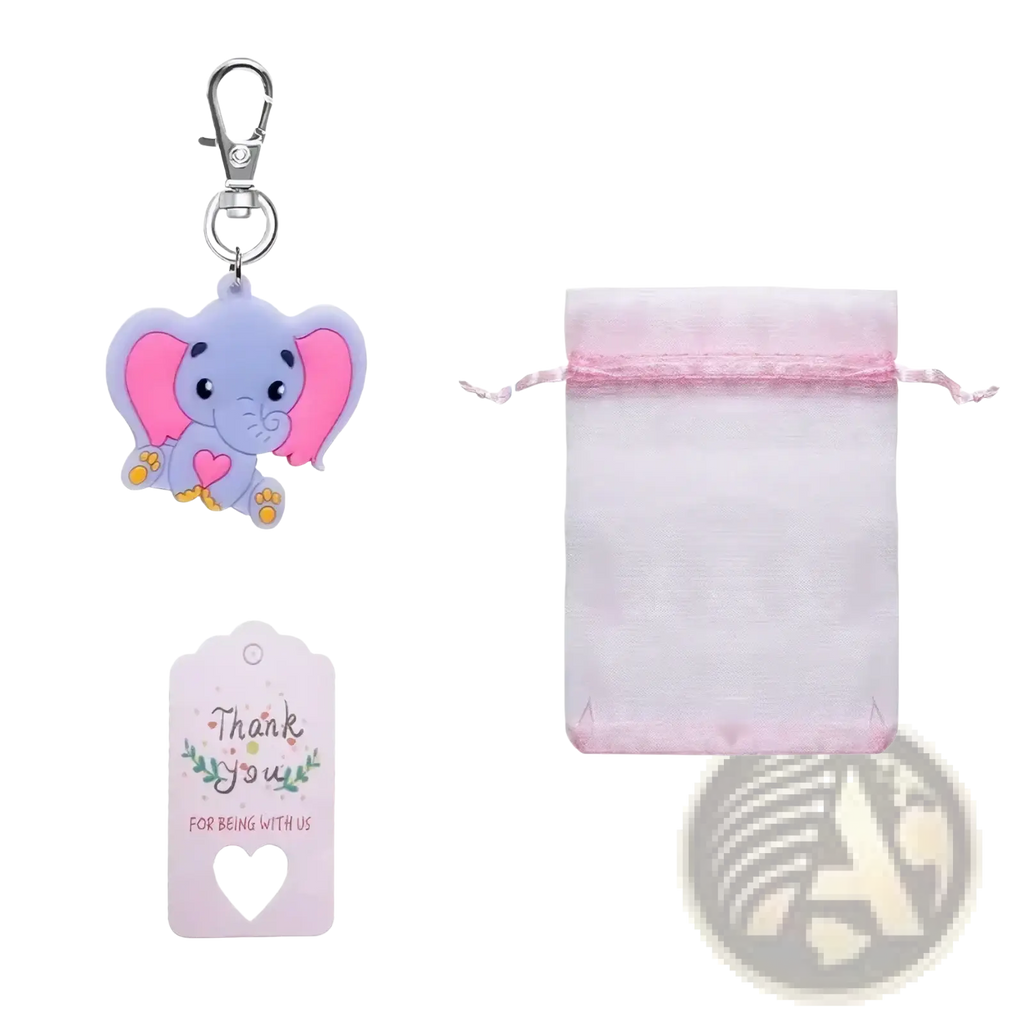 Soft lavender elephant keychain with pink ears and heart detail attached to silver metal clasp for baby shower favors