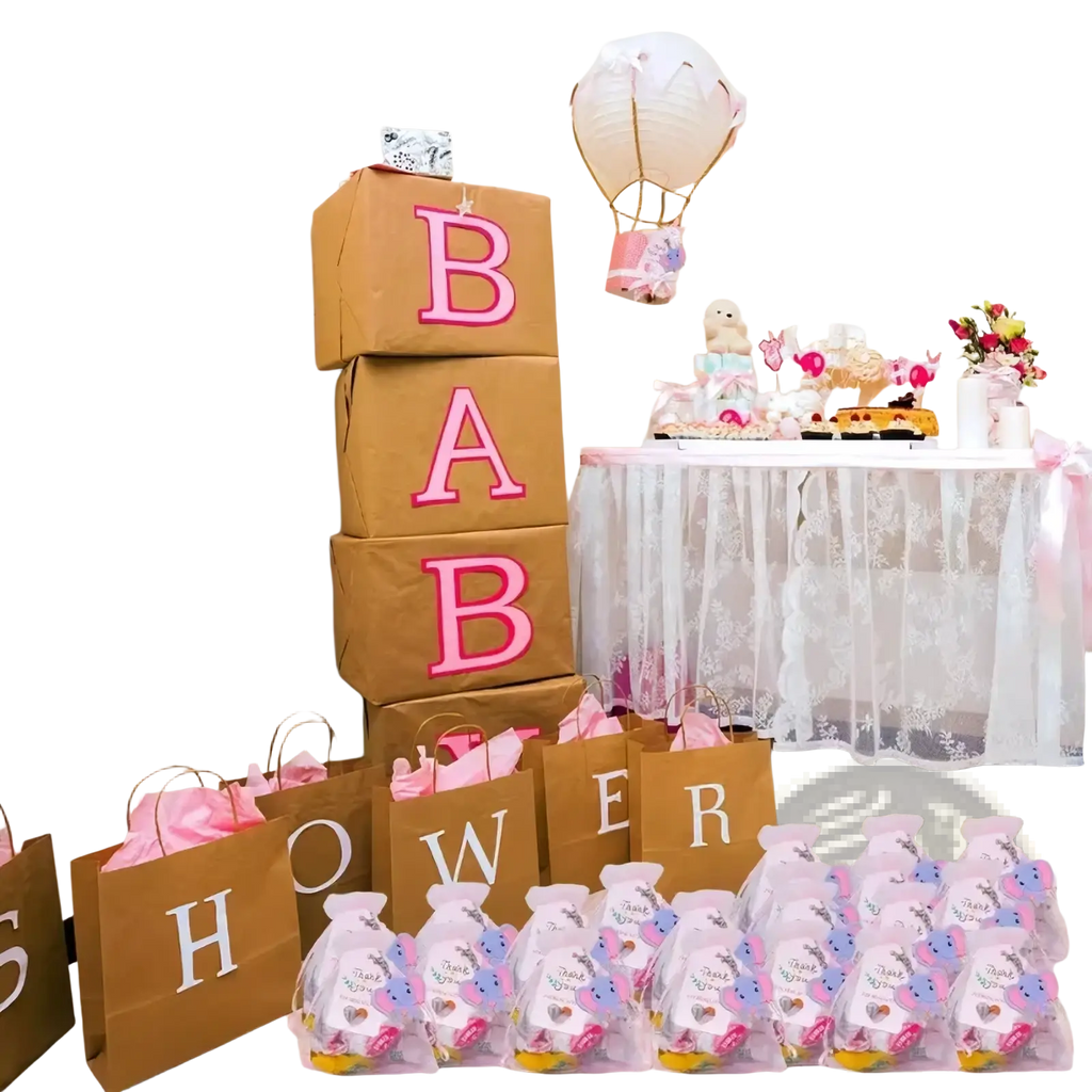 Stack of brown paper elephant baby shower favor bags with pink and white baby shower lettering 30 set