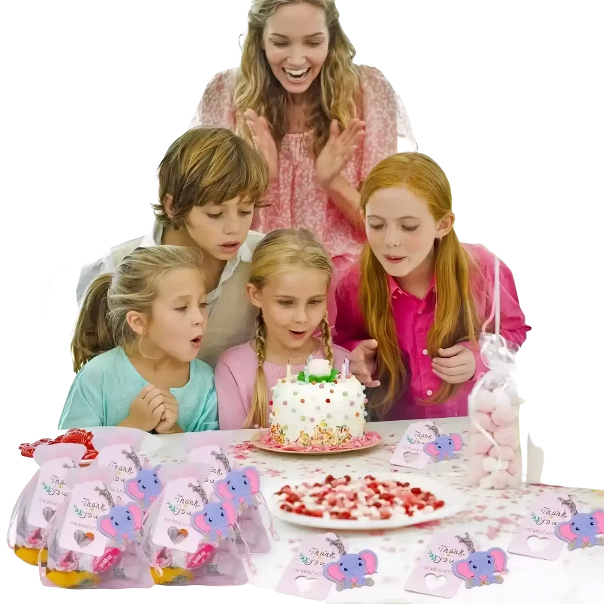 White birthday cake with colorful sprinkles and two candles for elephant baby shower favors set of 30