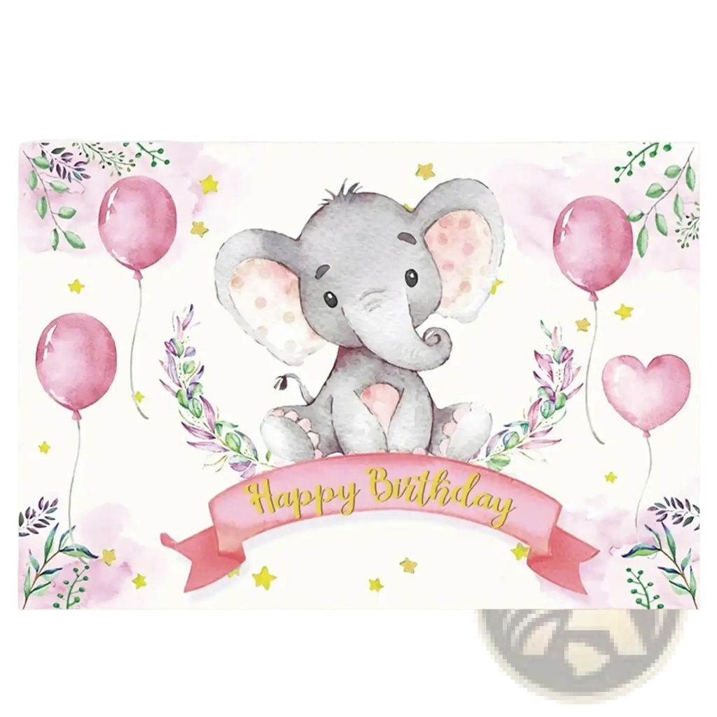 Elephant baby shower photography backdrop with charming pink balloons greenery and happy birthday banner in pastel tones