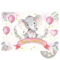 Elephant baby shower photography backdrop with charming pink balloons greenery and happy birthday banner in pastel tones