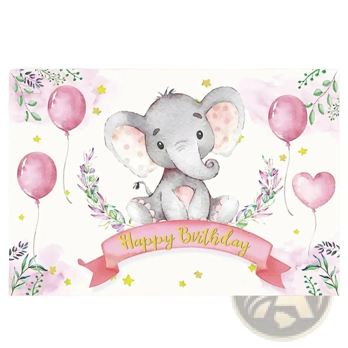 Elephant baby shower photography backdrop with charming pink balloons greenery and happy birthday banner in pastel tones
