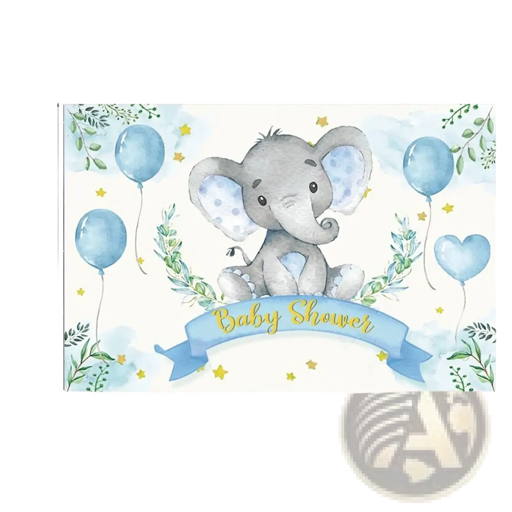 Elephant baby shower photography backdrop in blue and white watercolor style with gray elephant, balloons, greenery, and stars