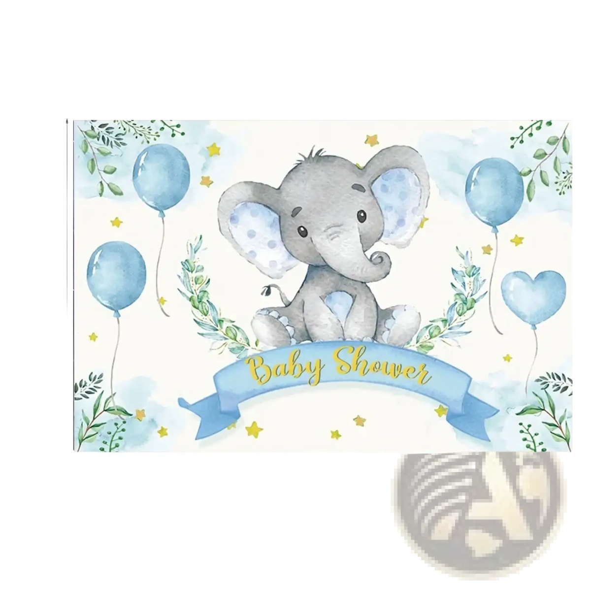 Elephant baby shower photography backdrop in blue and white watercolor style with gray elephant, balloons, greenery, and stars