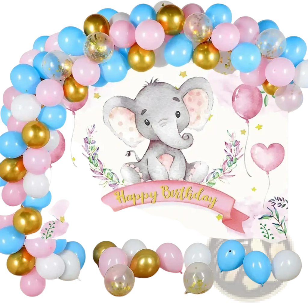 Elephant baby shower photography backdrop with gray elephant watercolor design and pastel balloon arch in pink blue white gold