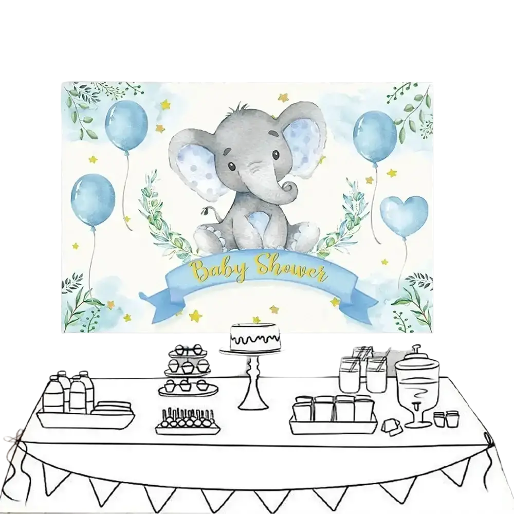 Elephant baby shower photography backdrop with gray polka-dotted elephant, blue balloons, and greenery for baby shower