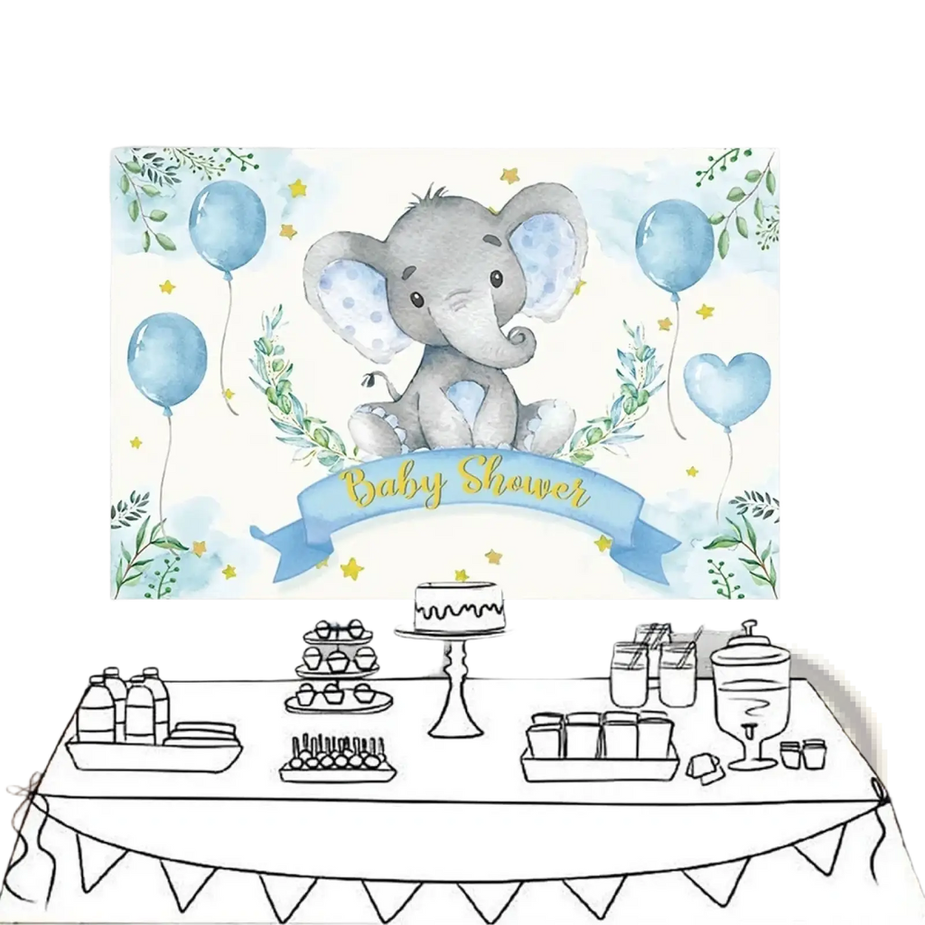 Elephant baby shower photography backdrop with a gray elephant, blue polka-dotted ears, balloons, and greenery in watercolor style