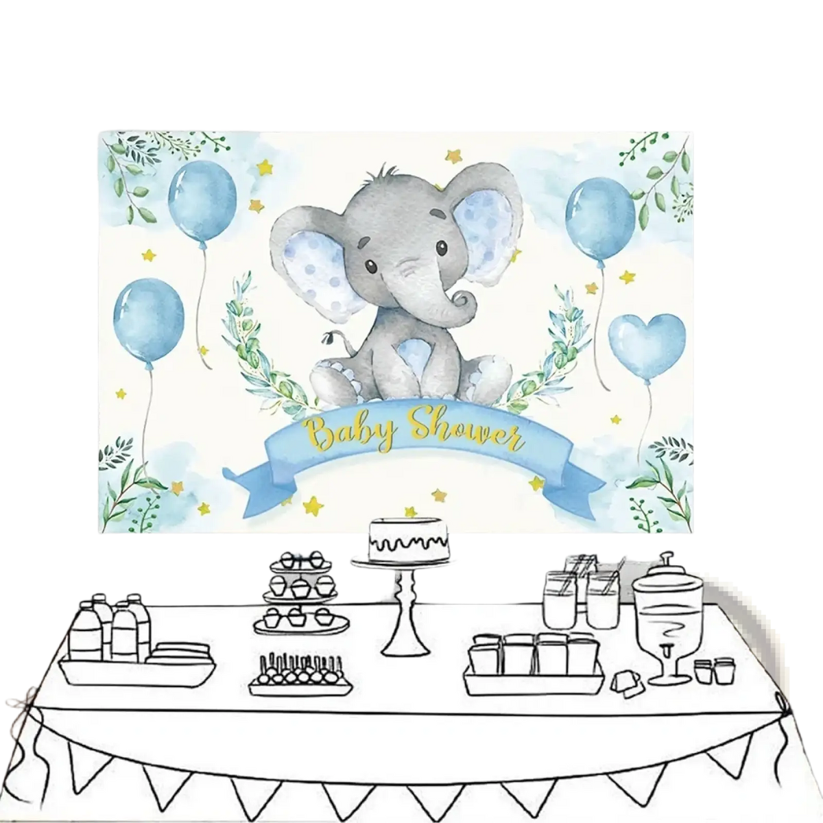 Elephant baby shower photography backdrop with a gray elephant, blue polka-dotted ears, balloons, and greenery in watercolor style
