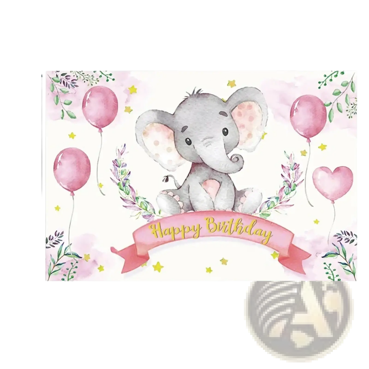 Elephant baby shower photography backdrop featuring a watercolor baby elephant, pink balloons, greenery, and happy birthday banner