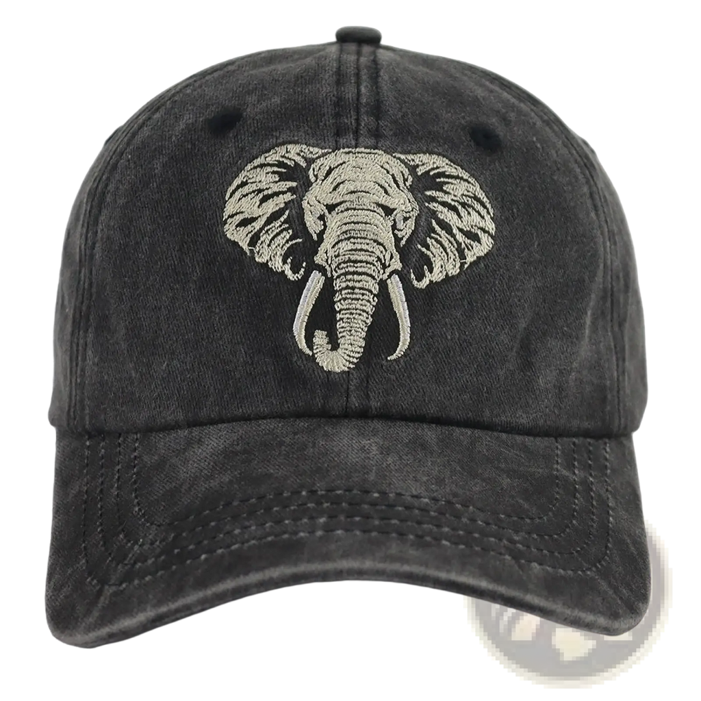 Dark gray denim baseball cap with detailed light beige embroidered elephant design made of vintage washed cotton