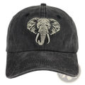 Dark gray denim baseball cap with detailed light beige embroidered elephant design made of vintage washed cotton