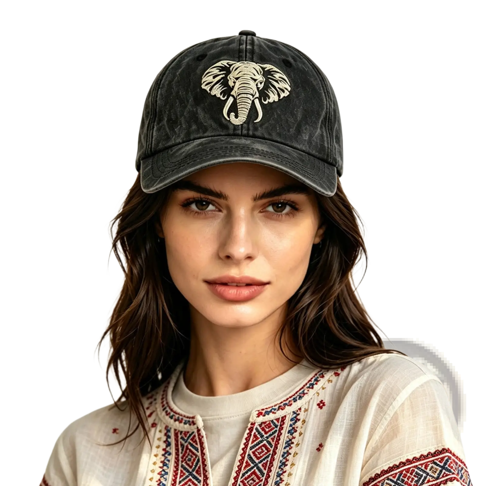 Black distressed vintage washed cotton baseball cap featuring a cream embroidered elephant design on the front
