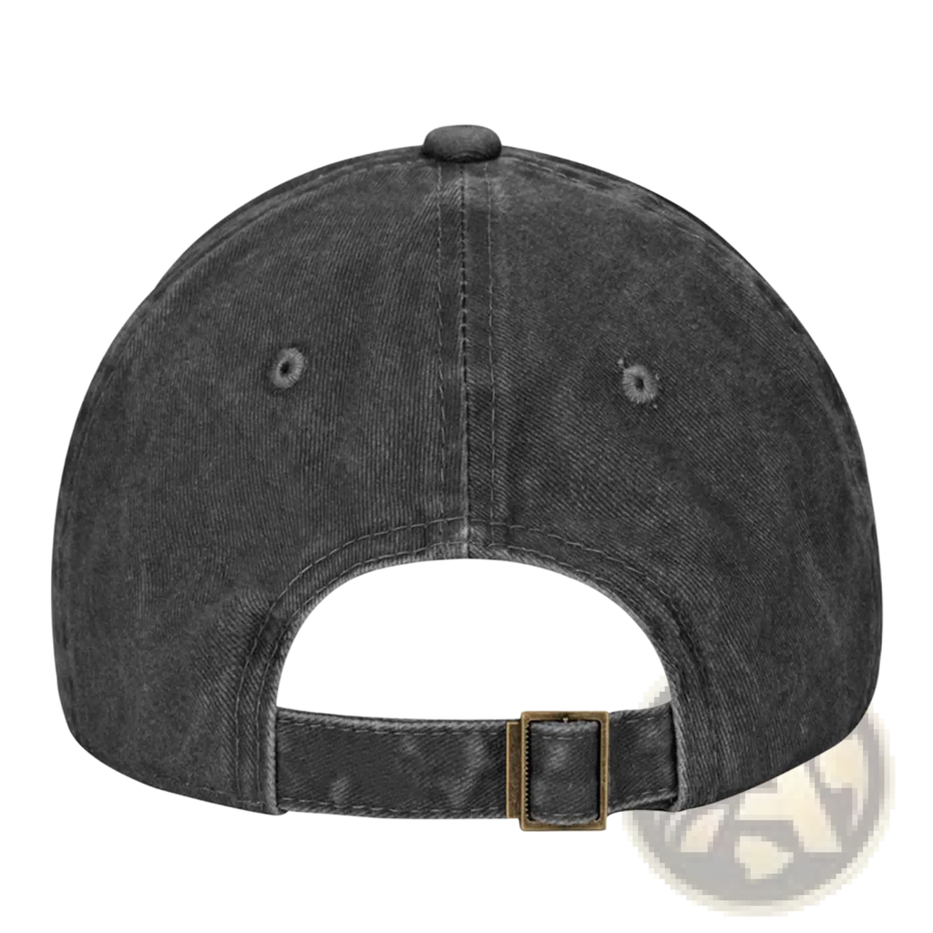 Dark gray denim elephant embroidered vintage washed cotton baseball cap with brass buckle and adjustable strap back view
