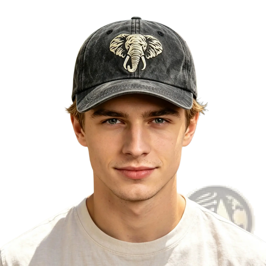 Dark gray distressed vintage washed cotton baseball cap with cream elephant embroidered design