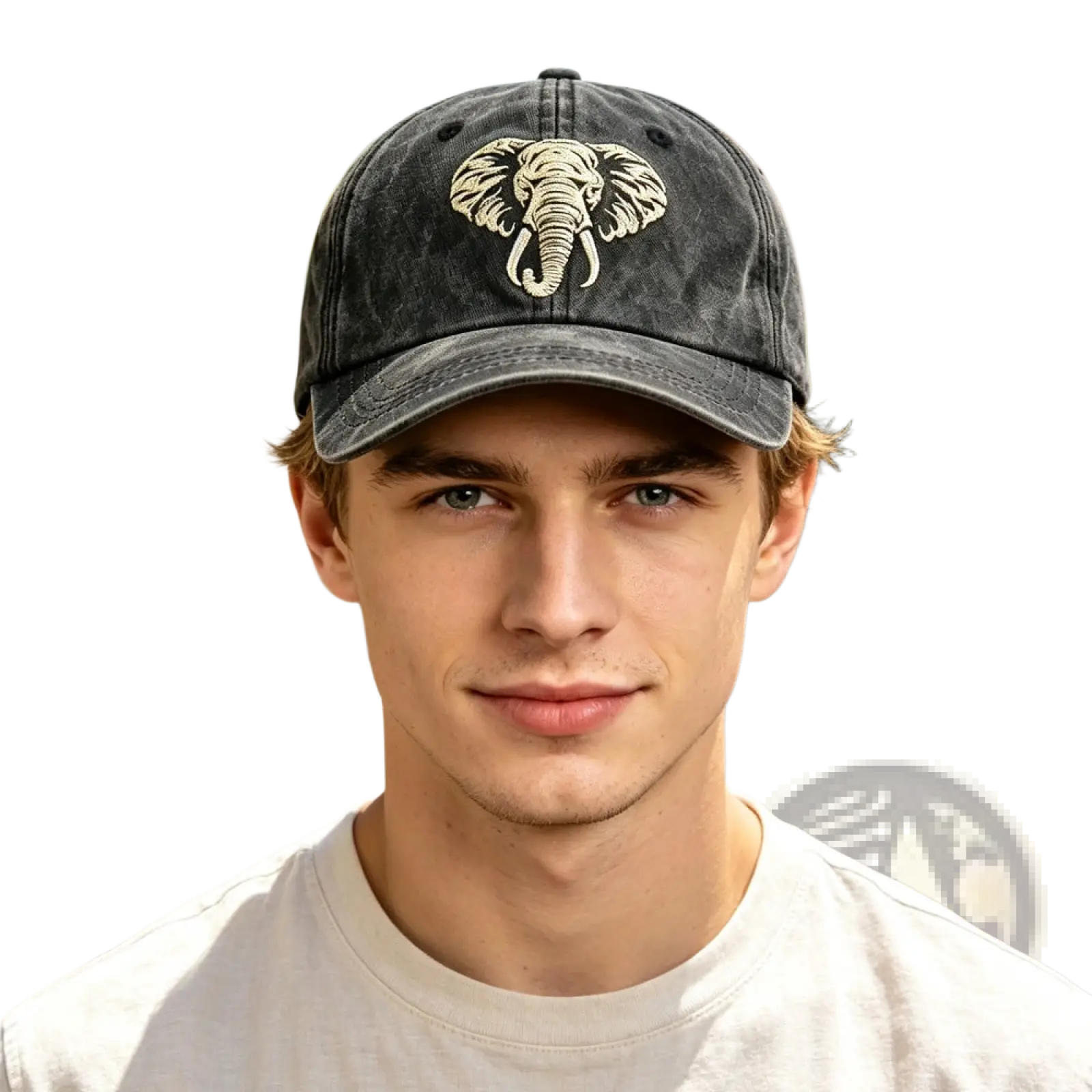 Dark gray distressed vintage washed cotton baseball cap with cream elephant embroidered design