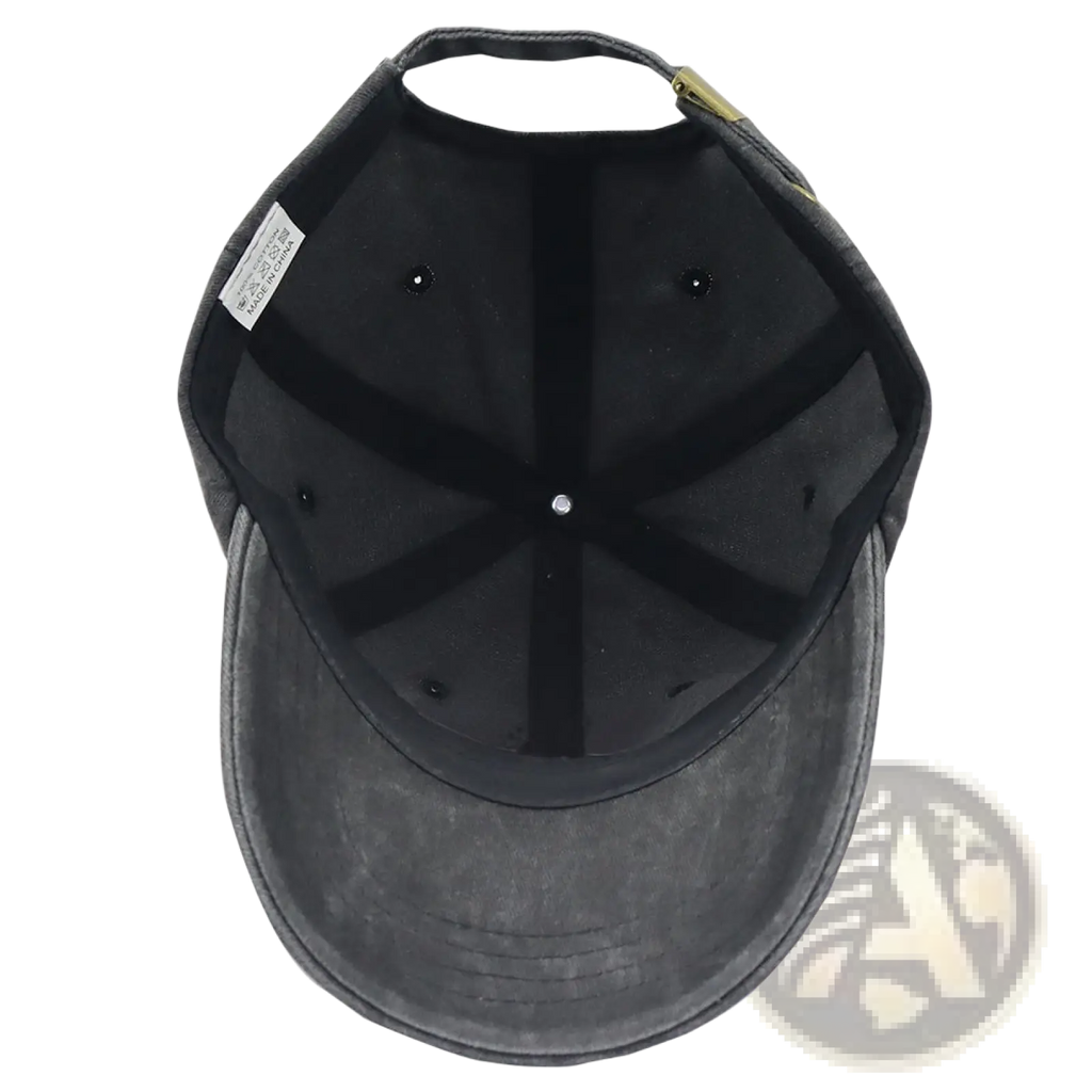 Dark gray denim elephant embroidered vintage washed cotton baseball cap with black interior and adjustable strap