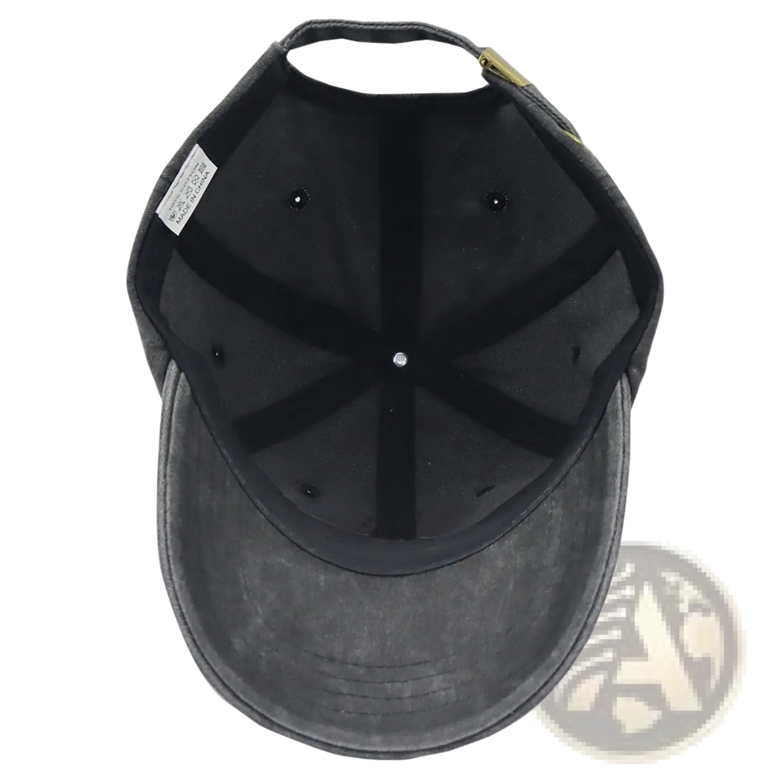 Dark gray denim elephant embroidered vintage washed cotton baseball cap with black interior and adjustable strap