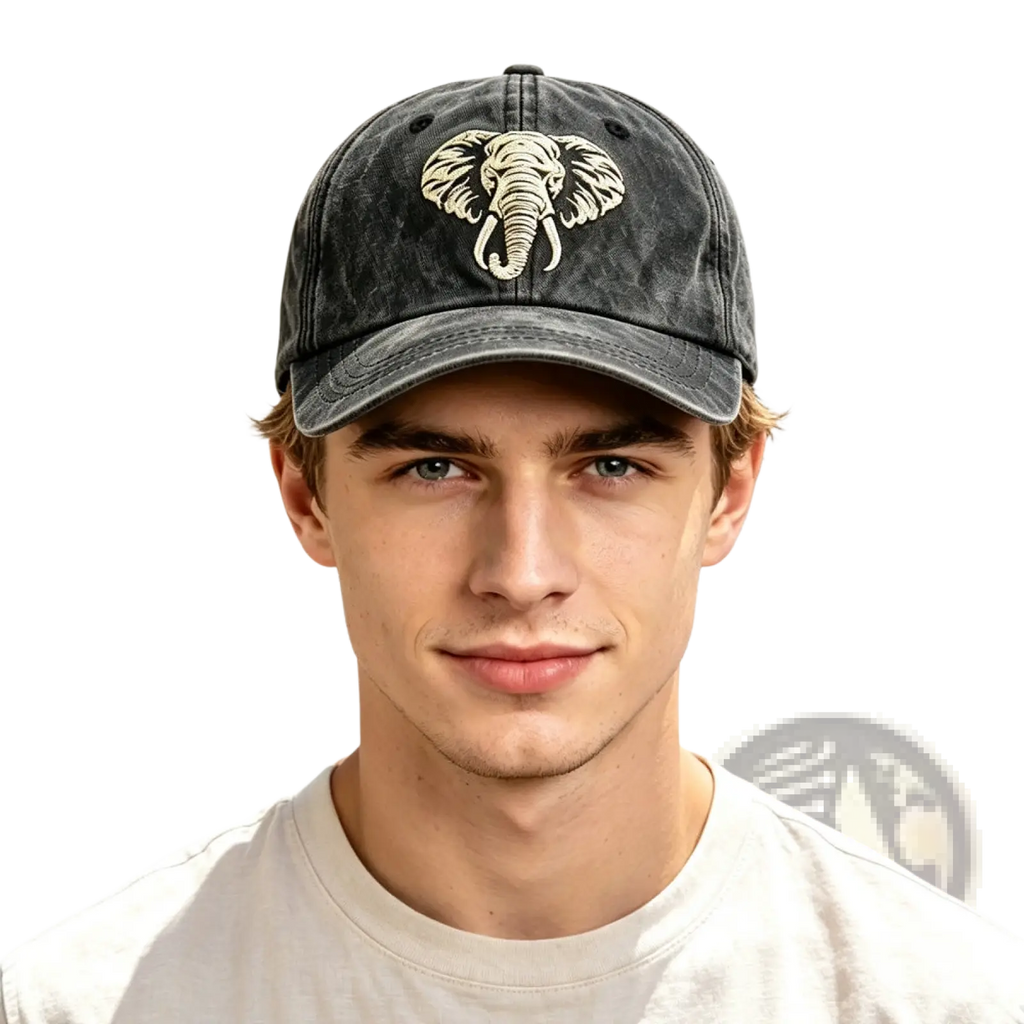 A dark gray distressed cotton baseball cap with a cream embroidered elephant design vintage washed style