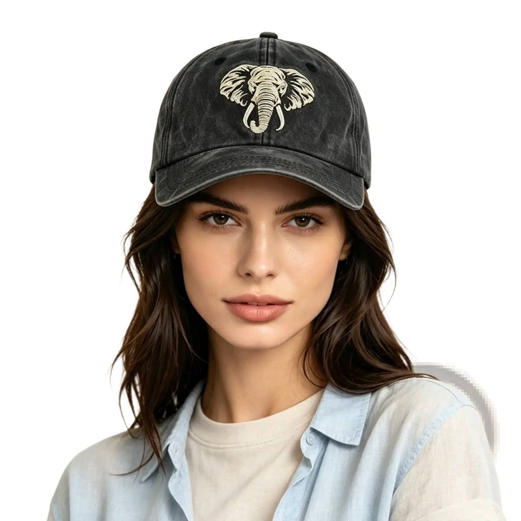 Black distressed vintage washed cotton baseball cap with cream embroidered elephant design on the front