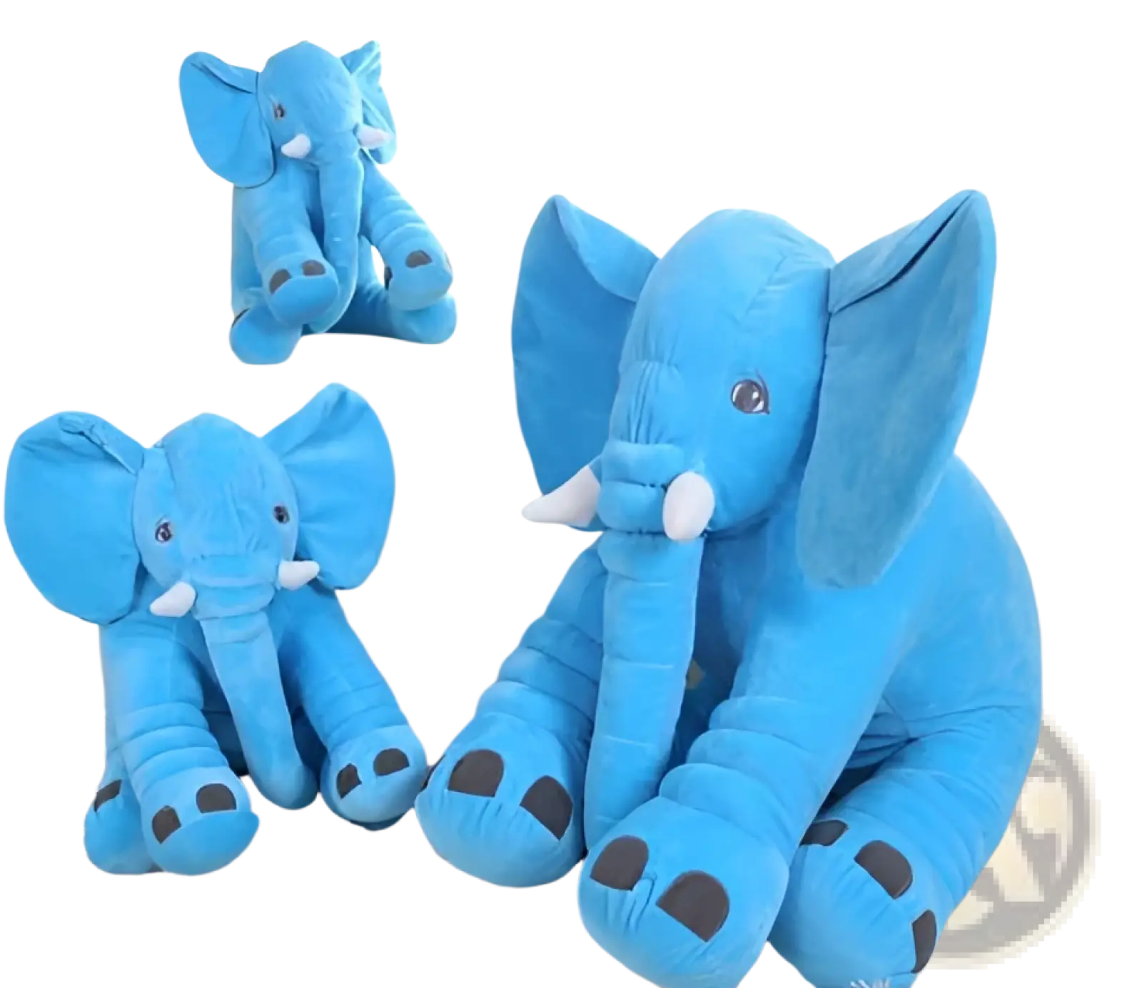 Blue plush elephant stuffed toy with white tusks and dark gray feet soft stuffed animal pillow for kids