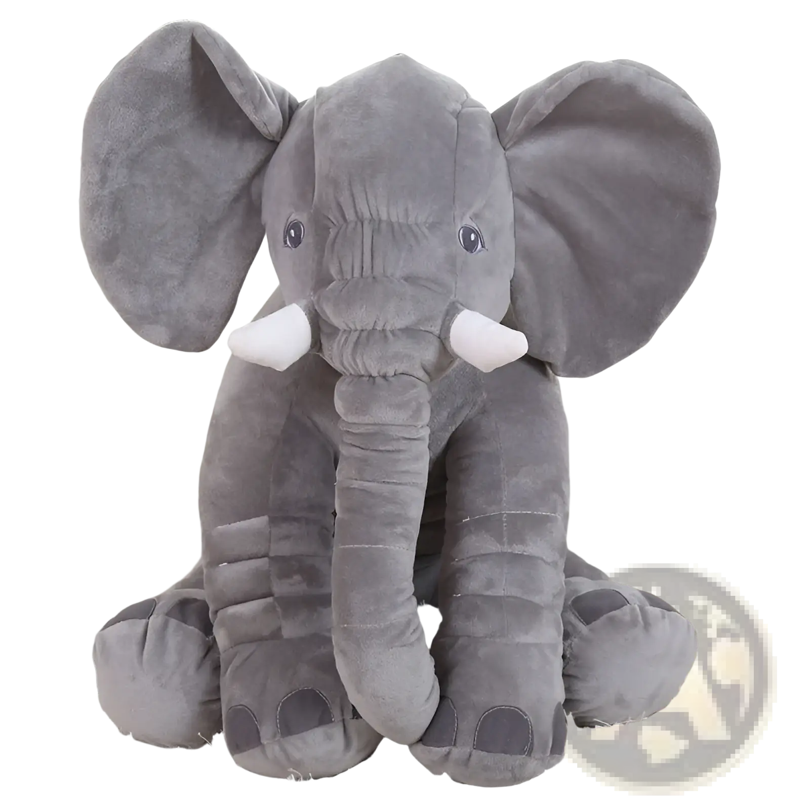 A plush gray elephant soft stuffed animal pillow for kids made of velvety fabric with white tusks
