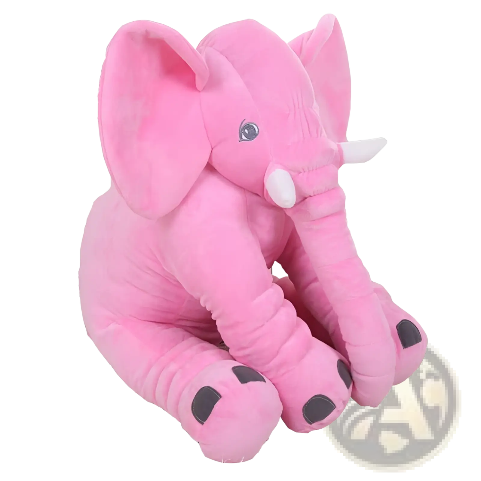 Pink plush elephant toy with white tusks and black foot pads soft stuffed animal pillow for kids