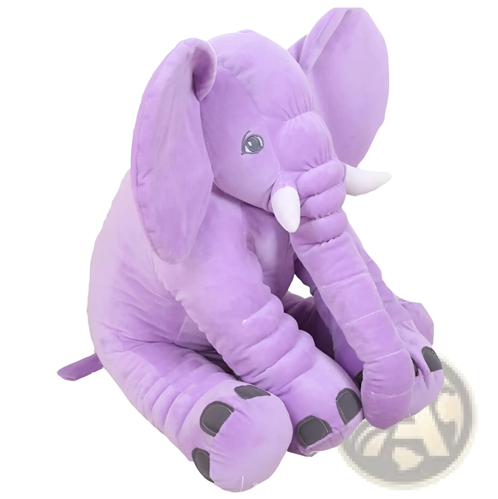 A plush purple elephant soft stuffed animal pillow with white tusks and gray foot pads for kids