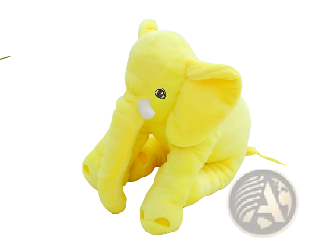 A soft bright yellow plush elephant toy with embroidered black eyes and a white trunk for kids pillow use