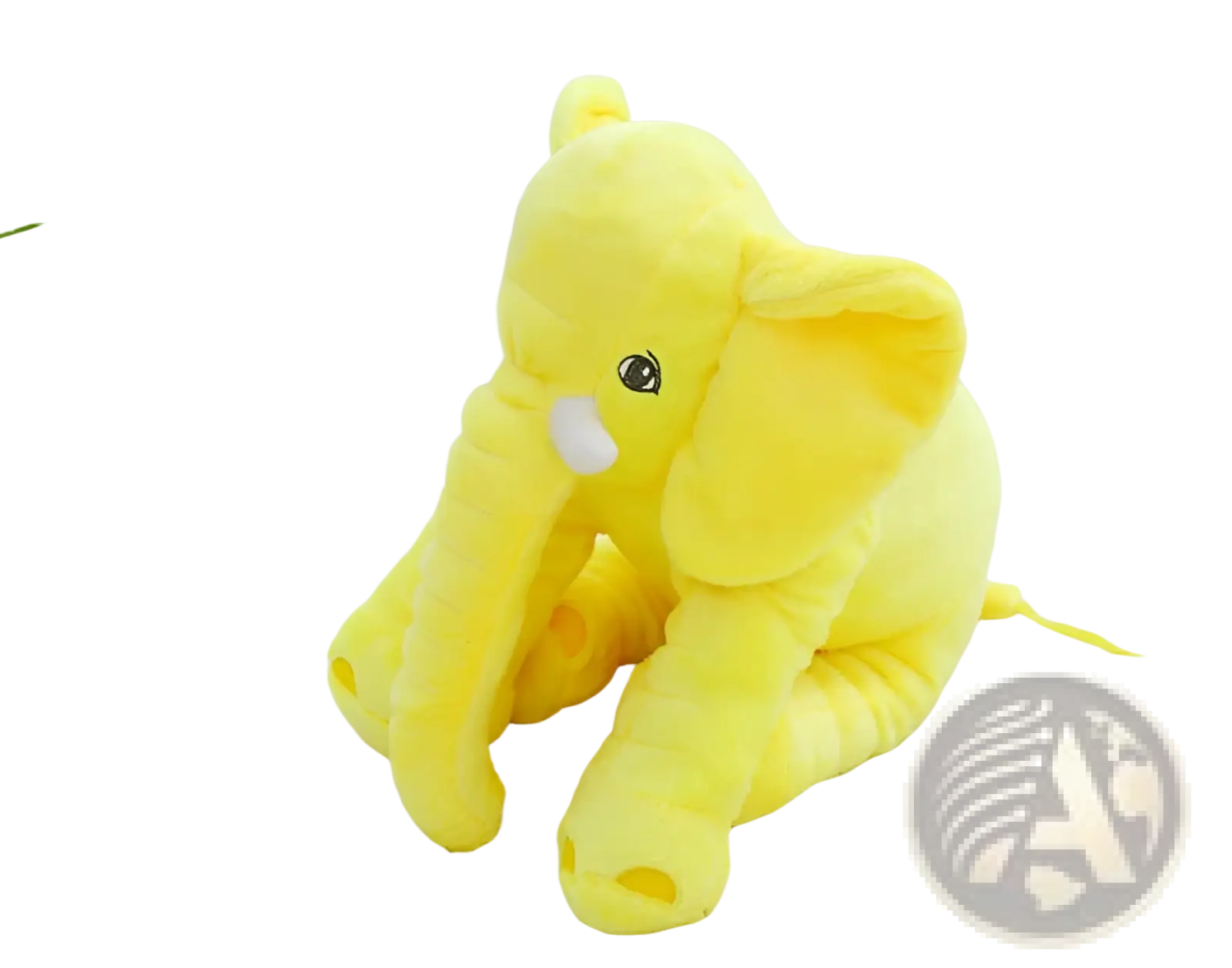 A soft bright yellow plush elephant toy with embroidered black eyes and a white trunk for kids pillow use