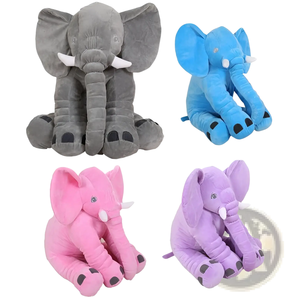 Elephant plush toy soft stuffed animal pillow for kids in gray blue pink and purple with white tusks and black feet