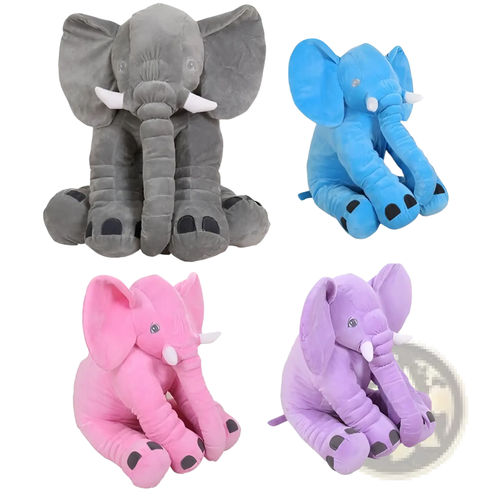 Elephant plush toy soft stuffed animal pillow for kids in gray blue pink and purple with white tusks and black feet