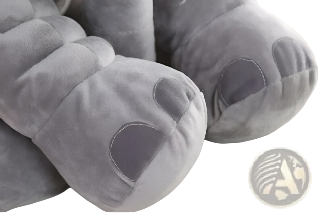 Gray plush elephant footies with soft velour texture and stitched dark gray circular details for kids pillow toy