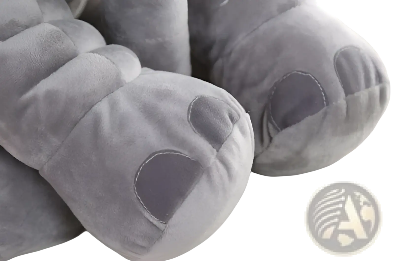 Gray plush elephant footies with soft velour texture and stitched dark gray circular details for kids pillow toy
